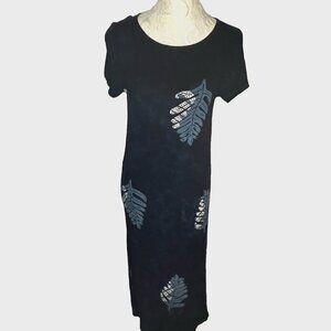 Hilo Hattie Hawaiian sz S Dress Dark Blue Tiki Leaf Print Long Maxi Sexy Bodycon